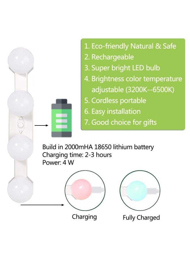مصابيح مكياج لاسلكية محمولة، مجموعة مصابيح LED لطاولة الزينة على طراز هوليوود قابلة لإعادة الشحن عبر USB، 4 مصابيح قابلة للتعتيم، مصابيح إضاءة متعددة الوظائف تعمل بالبطارية لطاولة الزينة والحمام (بدون مرآة) - Image 2